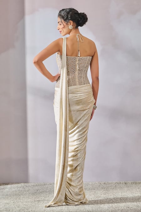 Shop_Tarun Tahiliani_Ivory Jersey Beads, Pearls Halter Neck Foil Concept Saree With Work Corset _at_Aza_Fashions
