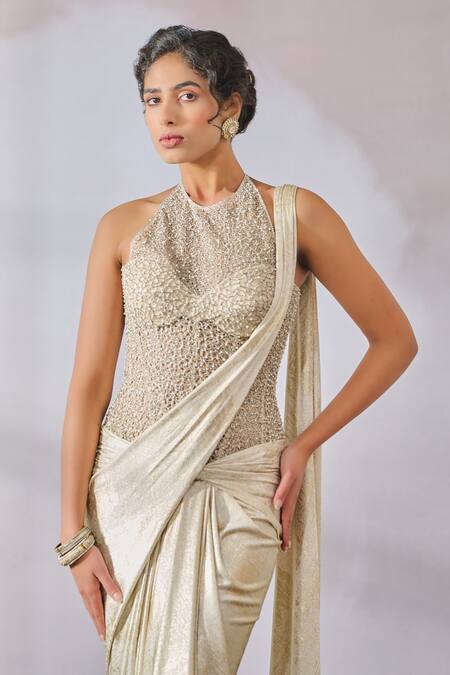 Buy_Tarun Tahiliani_Ivory Jersey Beads, Pearls Halter Neck Foil Concept Saree With Work Corset _Online_at_Aza_Fashions
