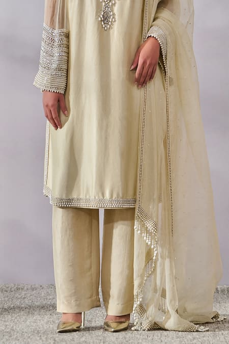 Tarun Tahiliani_Green Kurta And Trouser Silk Dupion Embellished Pearl Notched Set_Online_at_Aza_Fashions