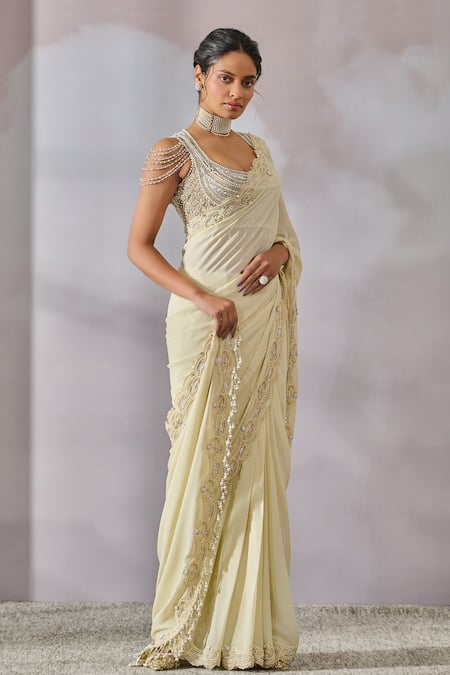 Tarun Tahiliani_Green Net, Silk, Georgette Scallop Border Embellished Draped Saree With Blouse _Online_at_Aza_Fashions