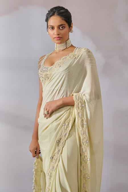 Buy_Tarun Tahiliani_Green Net, Silk, Georgette Scallop Border Embellished Draped Saree With Blouse _Online_at_Aza_Fashions
