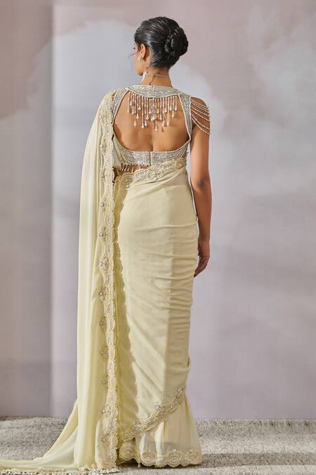 Shop_Tarun Tahiliani_Green Net, Silk, Georgette Scallop Border Embellished Draped Saree With Blouse _at_Aza_Fashions