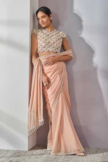 Tarun Tahiliani_Pink Blouse Tulle Embellished Pearl Round Border Draped Saree With_Online_at_Aza_Fashions