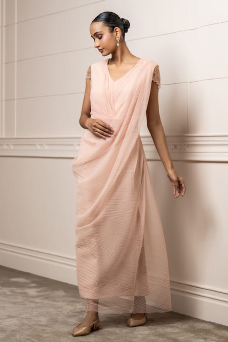 Tarun Tahiliani Ombre Pleated V Neck Draped Dress 