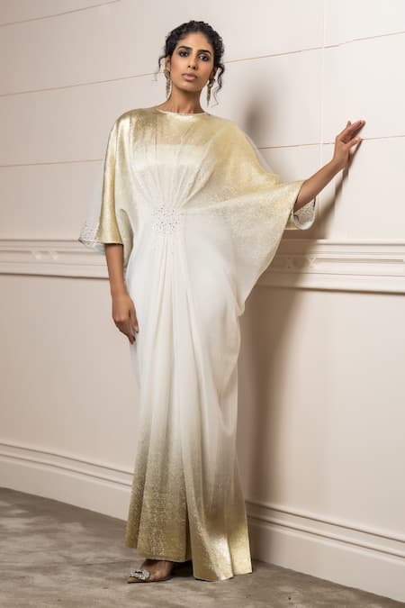 Tarun Tahiliani Gold Crinkle Embellished Metallic Stud Round Ombre Draped Dress
