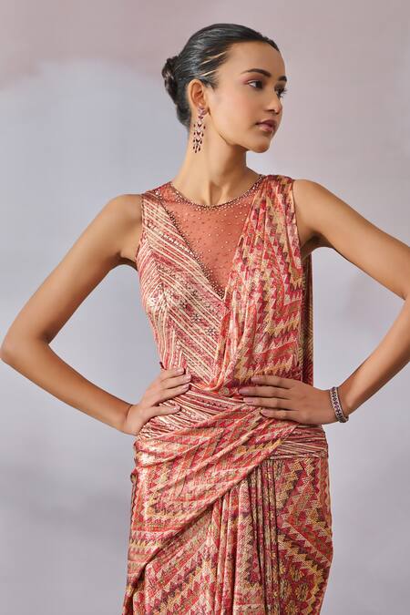 Buy_Tarun Tahiliani_Red Jersey Beads Round Neck Chevron Pattern Concept Saree With Bodysuit _Online_at_Aza_Fashions