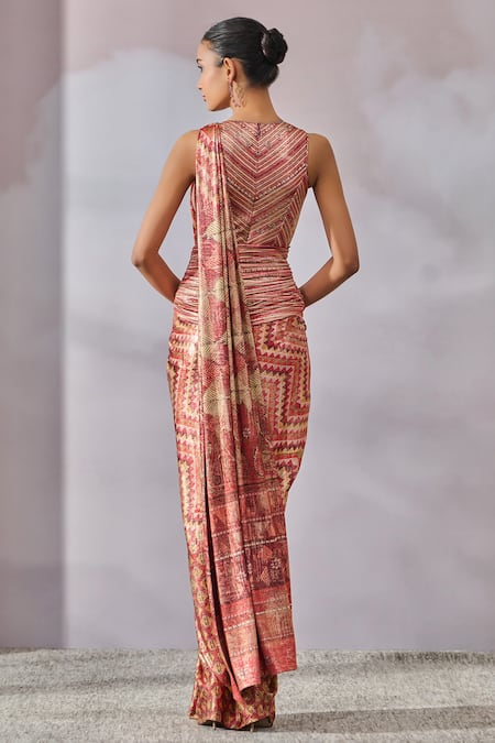 Shop_Tarun Tahiliani_Red Jersey Beads Round Neck Chevron Pattern Concept Saree With Bodysuit _at_Aza_Fashions