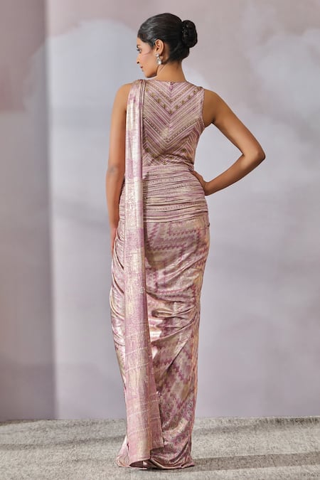 Shop_Tarun Tahiliani_Purple Jersey Beads Collared Chevron Stripe Pattern Concept Saree With Bodysuit _at_Aza_Fashions