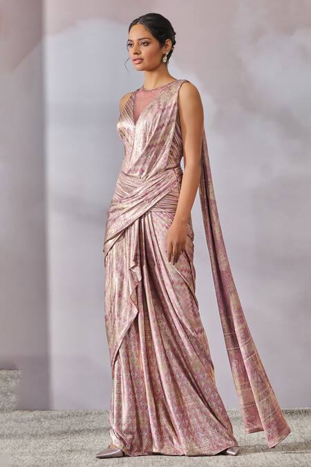 Tarun Tahiliani_Purple Jersey Beads Collared Chevron Stripe Pattern Concept Saree With Bodysuit _Online_at_Aza_Fashions