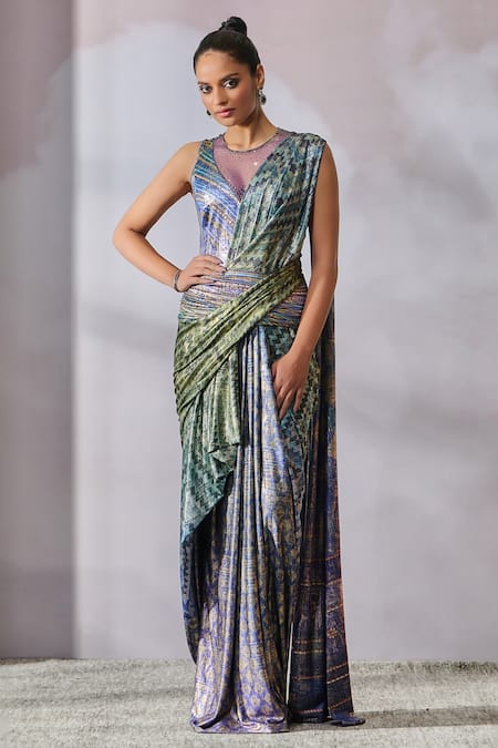 Tarun Tahiliani Multi Color Foil Jersey Embellished Chevron Stripe Concept Saree With Bodysuit