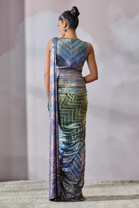 Shop_Tarun Tahiliani_Multi Color Jersey Beads Round Neck Stripe Pattern Concept Saree With Bodysuit _at_Aza_Fashions