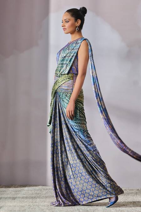 Tarun Tahiliani_Multi Color Jersey Beads Round Neck Stripe Pattern Concept Saree With Bodysuit _Online_at_Aza_Fashions