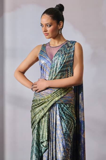 Buy_Tarun Tahiliani_Multi Color Jersey Beads Round Neck Stripe Pattern Concept Saree With Bodysuit _Online_at_Aza_Fashions