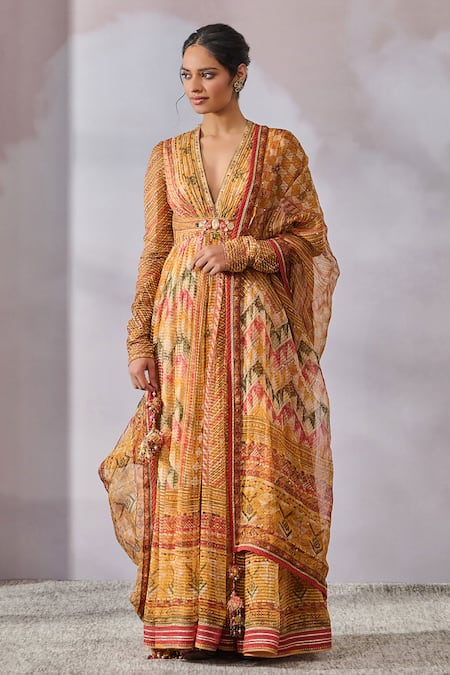 Tarun Tahiliani Yellow Anarkali And Dupatta Textured Cotton Printed & Embellished Phulkari Set 