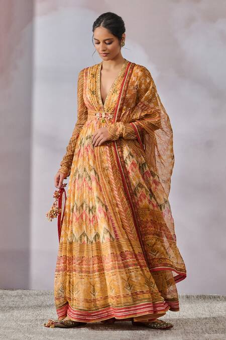 Tarun Tahiliani_Yellow Cotton, Net Stones, Crystals V-neck Phulkari Print Anarkali Set_Online_at_Aza_Fashions