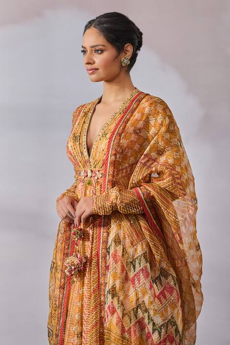 Buy_Tarun Tahiliani_Yellow Cotton, Net Stones, Crystals V-neck Phulkari Print Anarkali Set_Online_at_Aza_Fashions