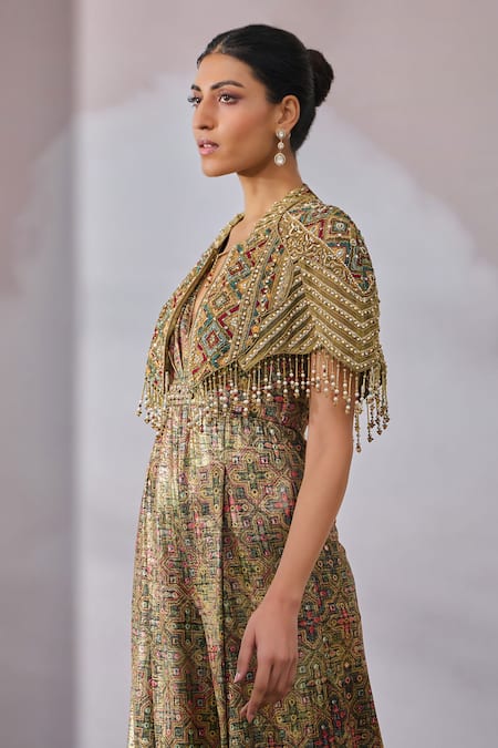 Buy_Tarun Tahiliani_Green Jumpsuit  Foil Jersey Printed And Embroidered Phulkari & Gilet Set _Online_at_Aza_Fashions