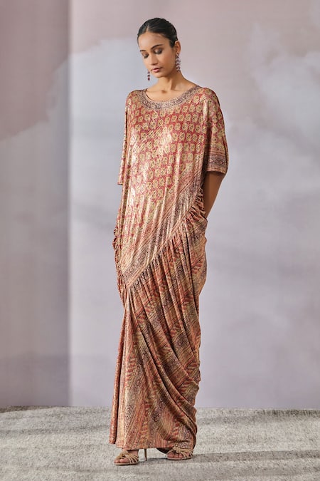 Tarun Tahiliani_Maroon Foil Jersey Printed And Embroidered Phulkari Draped Panelled Kaftan _Online_at_Aza_Fashions