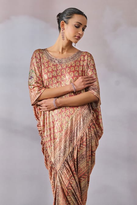 Buy_Tarun Tahiliani_Maroon Foil Jersey Printed And Embroidered Phulkari Draped Panelled Kaftan _Online_at_Aza_Fashions