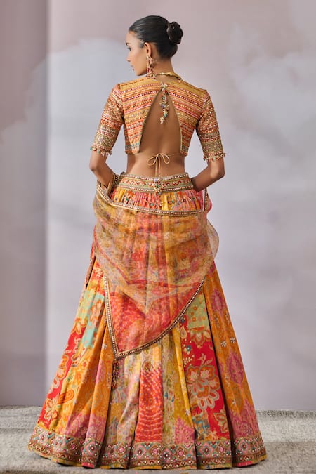 Shop_Tarun Tahiliani_Multi Color Lehenga  Sheer Silk Printed And Hand Embroidered Pleated Set _at_Aza_Fashions