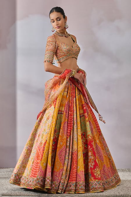 Shop_Tarun Tahiliani_Multi Color Lehenga  Sheer Silk Printed And Hand Embroidered Pleated Set _Online_at_Aza_Fashions
