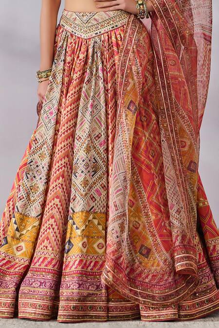 Tarun Tahiliani_Multi Color Silk, Satin, Kota Doria Beads, Phulkari Print Panelled Lehenga Set_Online_at_Aza_Fashions