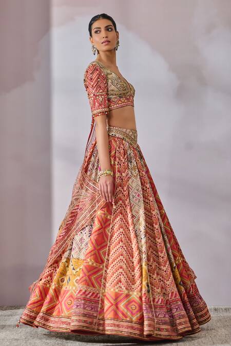 Buy_Tarun Tahiliani_Multi Color Silk, Satin, Kota Doria Beads, Phulkari Print Panelled Lehenga Set_Online_at_Aza_Fashions