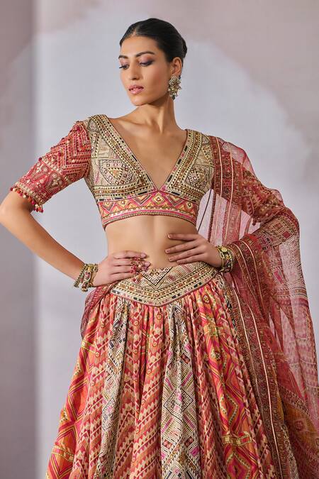 Shop_Tarun Tahiliani_Multi Color Silk, Satin, Kota Doria Beads, Phulkari Print Panelled Lehenga Set_Online_at_Aza_Fashions