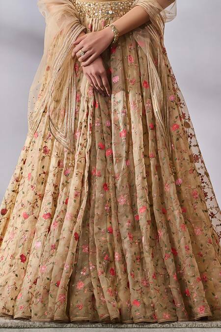 Tarun Tahiliani_Beige Organza, Tulle Sequins, Beads, Stones, Floral Thread Bridal Lehenga Set_Online_at_Aza_Fashions