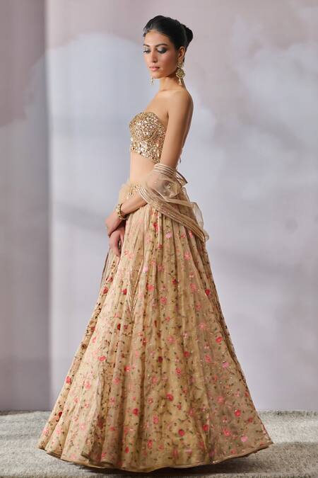 Buy_Tarun Tahiliani_Beige Organza, Tulle Sequins, Beads, Stones, Floral Thread Bridal Lehenga Set_Online_at_Aza_Fashions