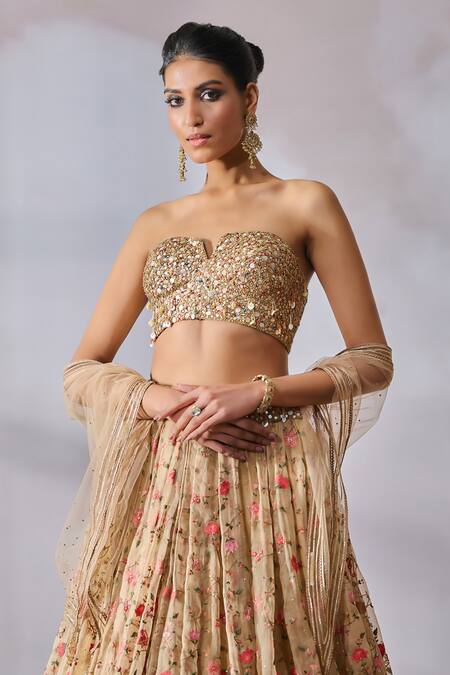 Shop_Tarun Tahiliani_Beige Organza, Tulle Sequins, Beads, Stones, Floral Thread Bridal Lehenga Set_Online_at_Aza_Fashions