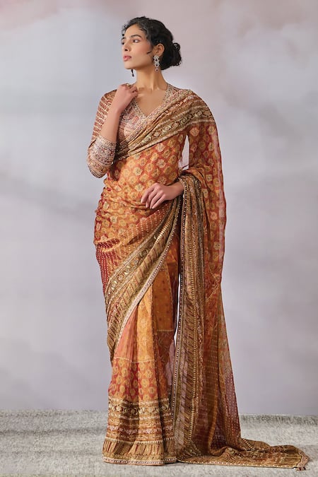 Buy online Organza kalamkari printed saree with jacquard weaving border -  Yellow-AF1098