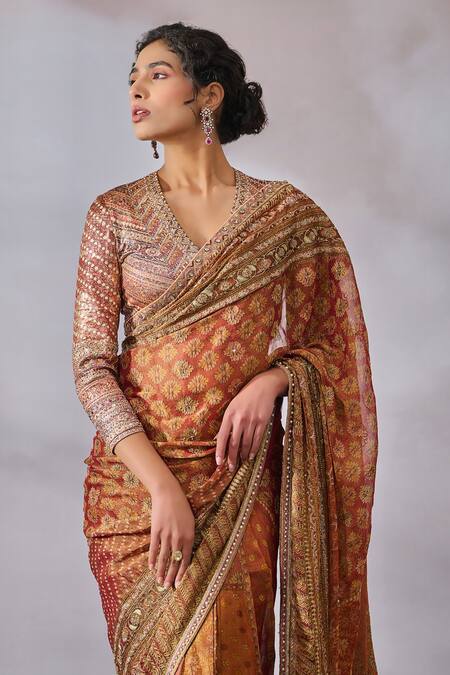 Tarun Tahiliani Red Georgette, Jersey Sequins, Stones, Phulkari Print Saree And Blouse Set Online at Aza Fashions Tarun Tahiliani_Red Georgette, Jersey Sequins, Stones, Phulkari Print Saree And Blouse Set_Online_at_Aza_Fashions