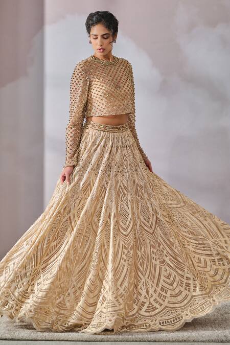 Tarun Tahiliani Peach Silk, Net Pearls, Smocking, Cut Victorian Embroidered Bridal Lehenga Set Online at Aza Fashions Tarun Tahiliani_Peach Silk, Net Pearls, Smocking, Cut Victorian Embroidered Bridal Lehenga Set _Online_at_Aza_Fashions