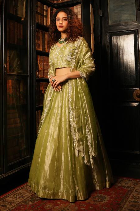 Midushi Bajoria_Silver Silk, Linen Crystals, Swarovski Embellished Floral Blouse Lehenga Set _Online_at_Aza_Fashions