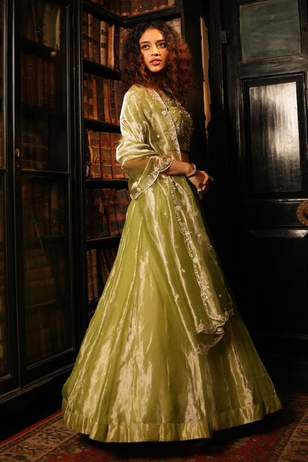 Buy_Midushi Bajoria_Silver Silk, Linen Crystals, Swarovski Embellished Floral Blouse Lehenga Set _Online_at_Aza_Fashions