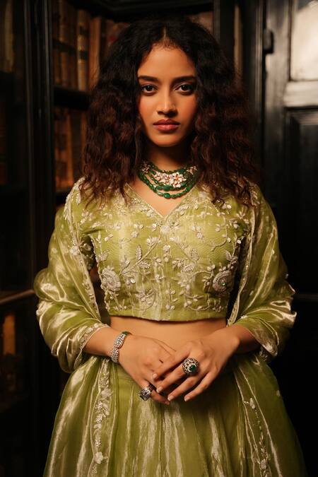 Buy_Midushi Bajoria_Silver Silk, Linen Crystals, Swarovski Embellished Floral Blouse Lehenga Set 