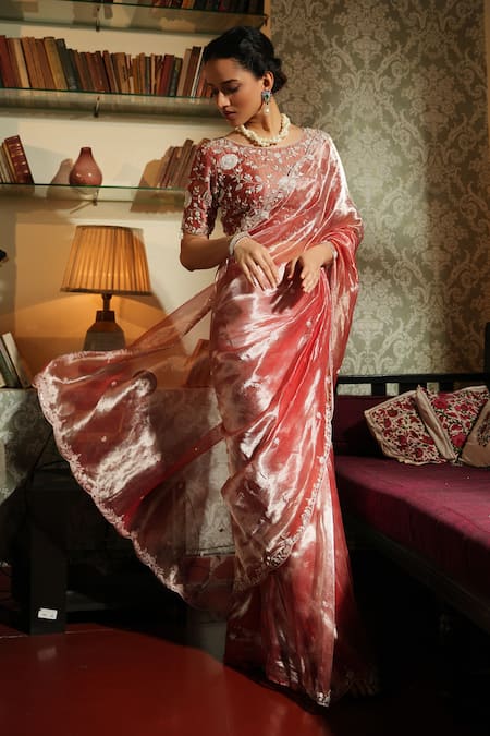 Midushi Bajoria_Silver Silk, Linen Pearls, Crystals Embellished Scallop Border Saree With Blouse _Online_at_Aza_Fashions
