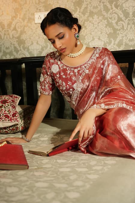 Shop_Midushi Bajoria_Silver Silk, Linen Pearls, Crystals Embellished Scallop Border Saree With Blouse _Online_at_Aza_Fashions