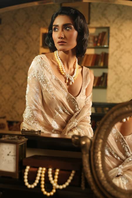 Buy_Midushi Bajoria_Gold Silk, Linen Pearls, Floral Jaal Embroidered Saree With Plain Blouse _Online_at_Aza_Fashions