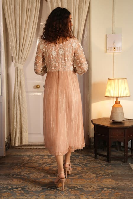 Midushi Bajoria Peach Crepe, Silk Pearls, Crystals, Cut Floral Swarovski Embroidered Yoke Dress Online at Aza Fashions Midushi Bajoria_Peach Crepe, Silk Pearls, Crystals, Cut Floral Swarovski Embroidered Yoke Dress _Online_at_Aza_Fashions