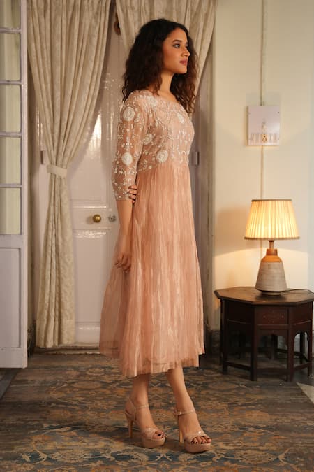 Shop Midushi Bajoria Peach Crepe, Silk Pearls, Crystals, Cut Floral Swarovski Embroidered Yoke Dress Online at Aza Fashions Shop_Midushi Bajoria_Peach Crepe, Silk Pearls, Crystals, Cut Floral Swarovski Embroidered Yoke Dress _Online_at_Aza_Fashions