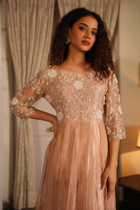 Midushi Bajoria Peach Crepe, Silk Pearls, Crystals, Cut Floral Swarovski Embroidered Yoke Dress at Aza Fashions Midushi Bajoria_Peach Crepe, Silk Pearls, Crystals, Cut Floral Swarovski Embroidered Yoke Dress _at_Aza_Fashions