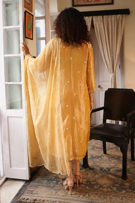 Midushi Bajoria_Yellow Crepe, Silk Crystals, Cut Work, Pearls Floral Embroidered Kurta Pant Set _Online_at_Aza_Fashions