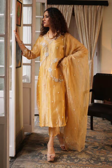 Buy_Midushi Bajoria_Yellow Crepe, Silk Crystals, Cut Work, Pearls Floral Embroidered Kurta Pant Set _Online_at_Aza_Fashions