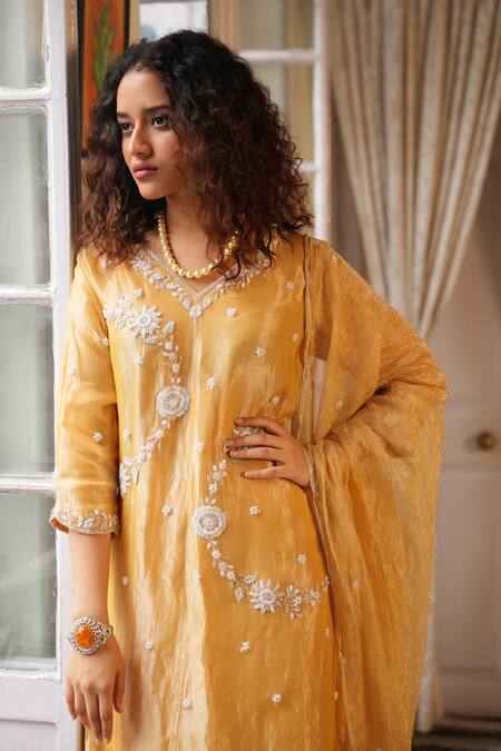 Shop_Midushi Bajoria_Yellow Crepe, Silk Crystals, Cut Work, Pearls Floral Embroidered Kurta Pant Set _Online_at_Aza_Fashions