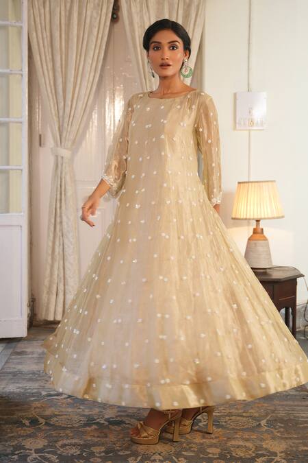 Buy_Midushi Bajoria_Silver Crepe, Silk Pearls Round Neck Butti Embroidered Anarkali _Online_at_Aza_Fashions