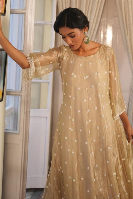 Shop_Midushi Bajoria_Silver Crepe, Silk Pearls Round Neck Butti Embroidered Anarkali _Online_at_Aza_Fashions