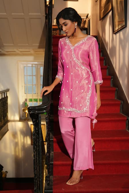 Midushi Bajoria Pink Crepe, Silk Embroidery V-neck Crystal Floral Panel Angarkha With Pant Online at Aza Fashions Midushi Bajoria_Pink Crepe, Silk Embroidery V-neck Crystal Floral Panel Angarkha With Pant _Online_at_Aza_Fashions