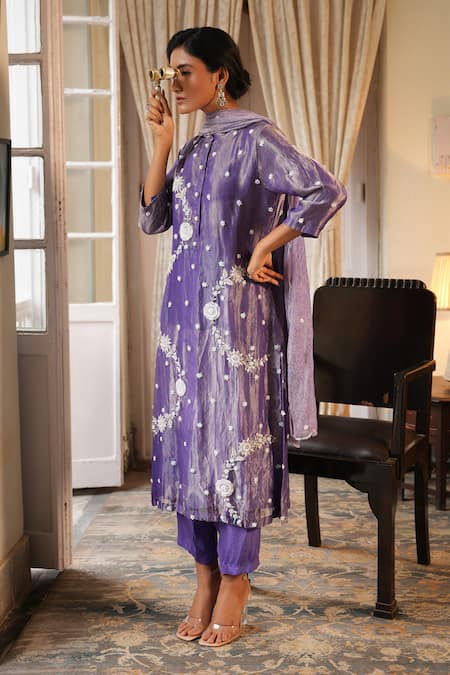 Buy Midushi Bajoria Purple Crepe, Silk Pearls, Crystals Floral Wreath Embroidered Kurta Pant Set Online at Aza Fashions Buy_Midushi Bajoria_Purple Crepe, Silk Pearls, Crystals Floral Wreath Embroidered Kurta Pant Set _Online_at_Aza_Fashions